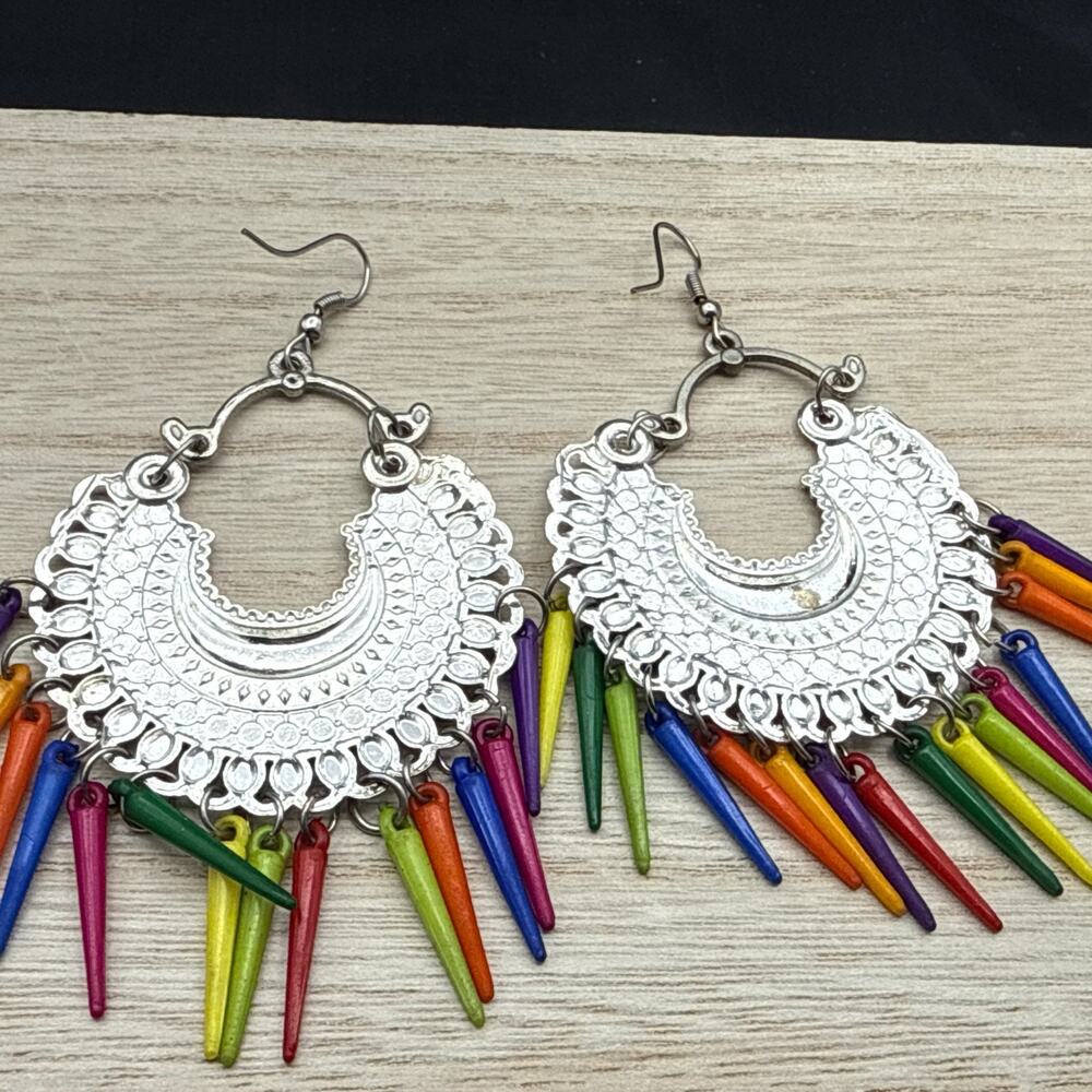 Chandelier Earrings Multicolor Mughal Ornate Silver Tone Frame Chandbali Dangles - Picture 3 of 5